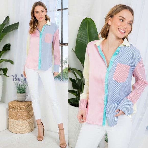 Colorblock Button-Up Blouse - Picture 1 of 10